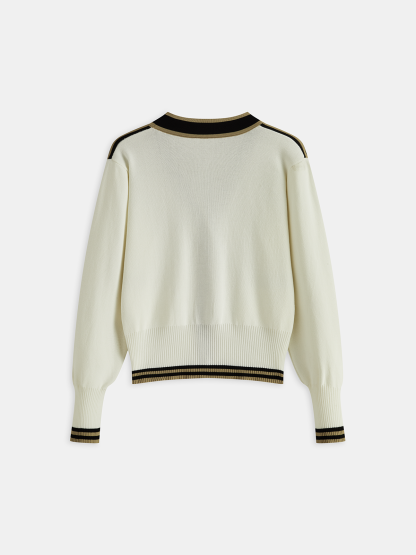 Contrast-Trim Metal Button Cardigan