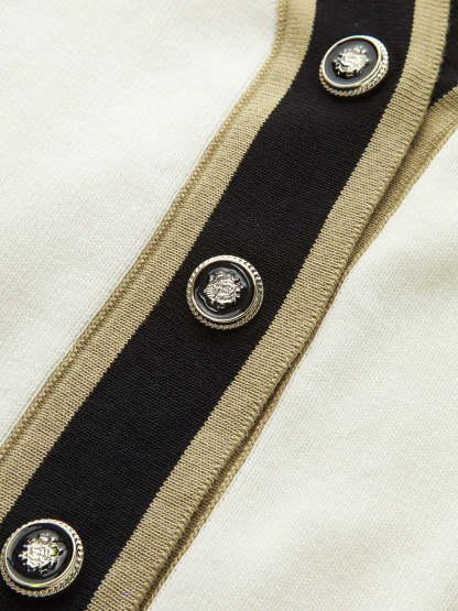 Contrast-Trim Metal Button Cardigan