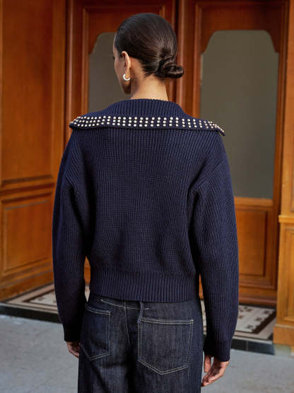 Studded Collar Wool Blend V-Neck Sweater