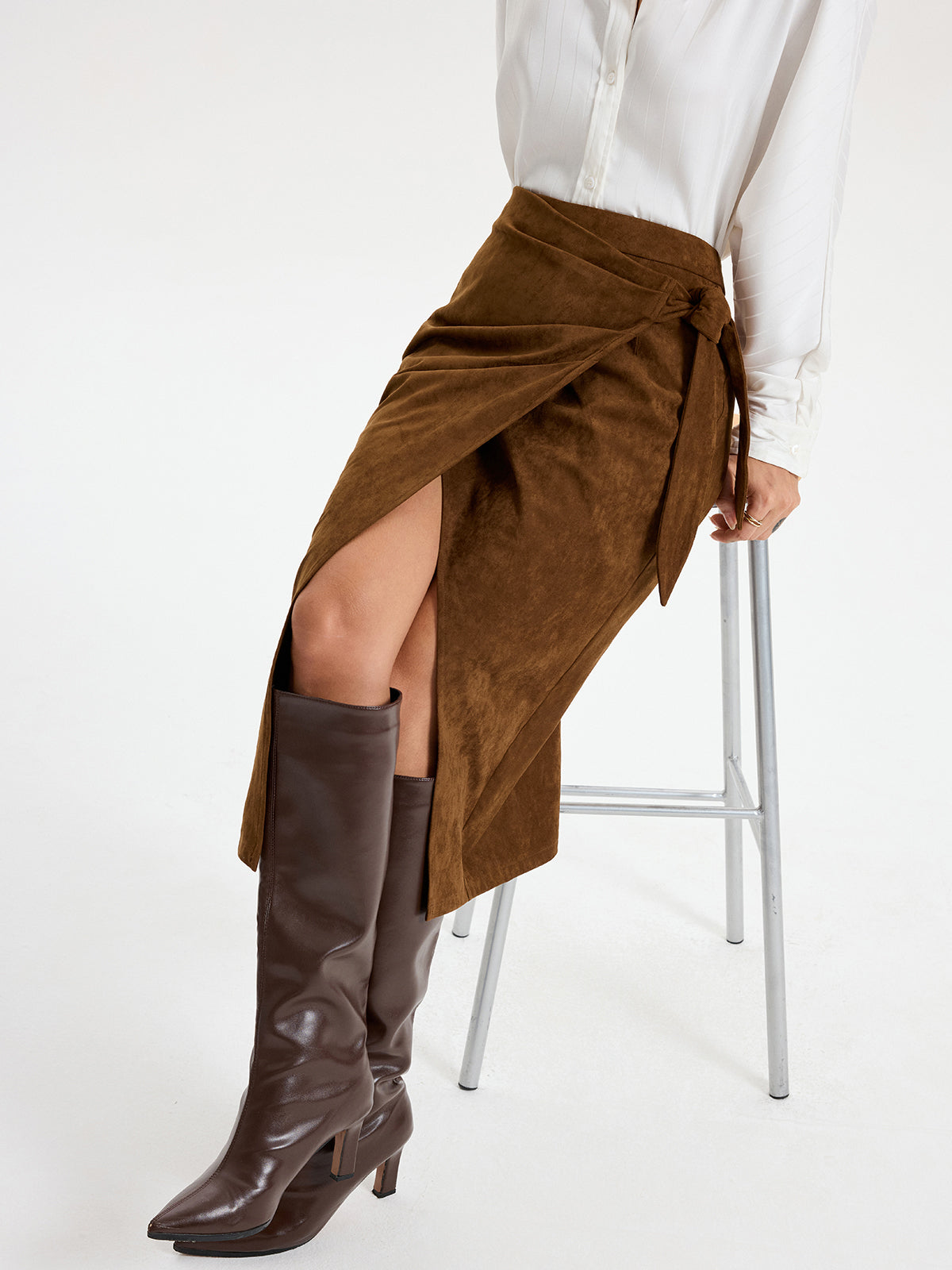 Tie Knot Suede Effect Midi Skirt