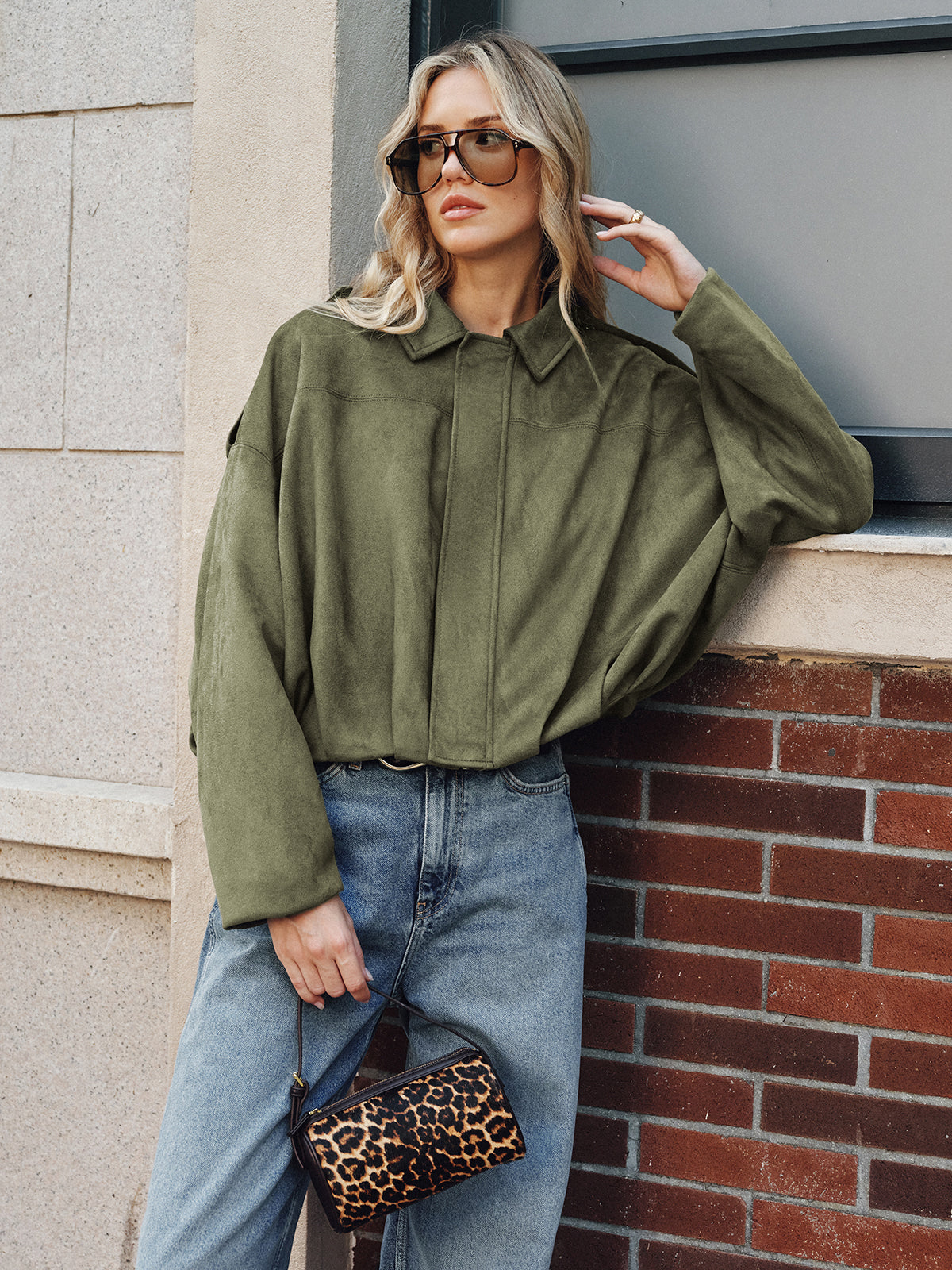 Suede Effect Zip-Up Collared Jacket