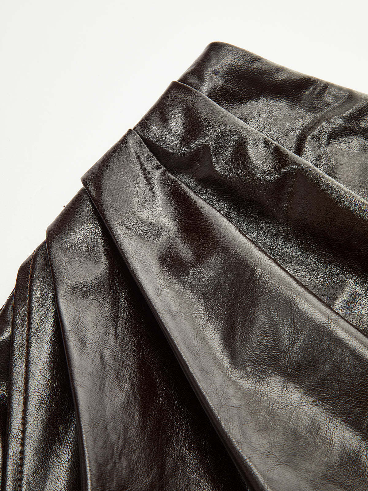 Asymmetric Ruched Slit Faux Leather Midi Skirt