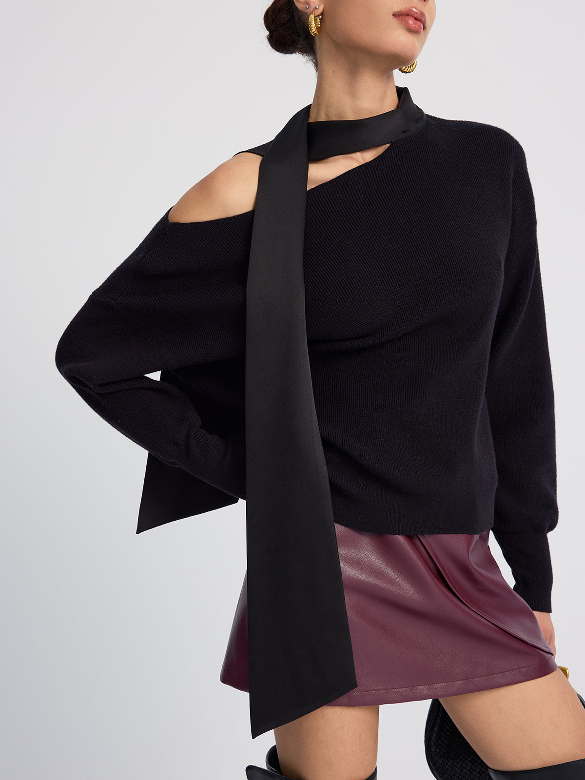 Tie-Detail Cold-Shoulder Knit Sweater