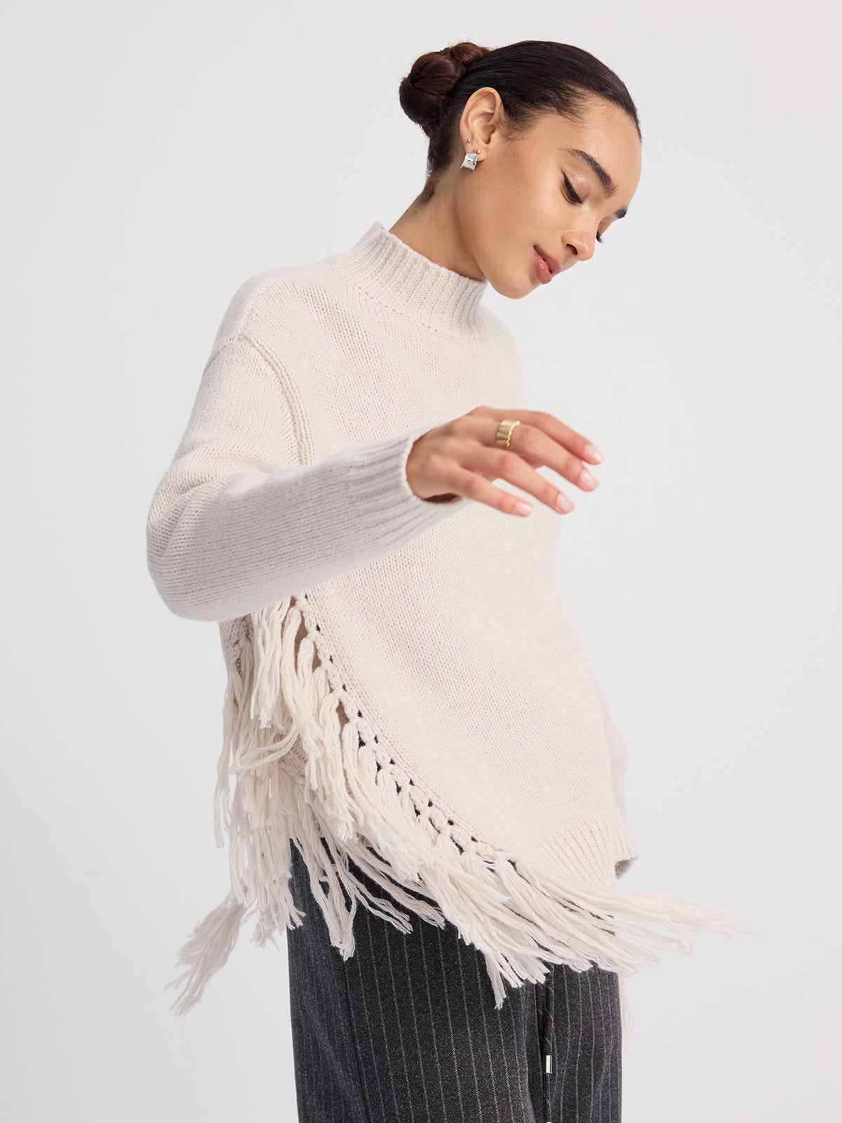 Oversized Fringe Mock-Neck Sweater