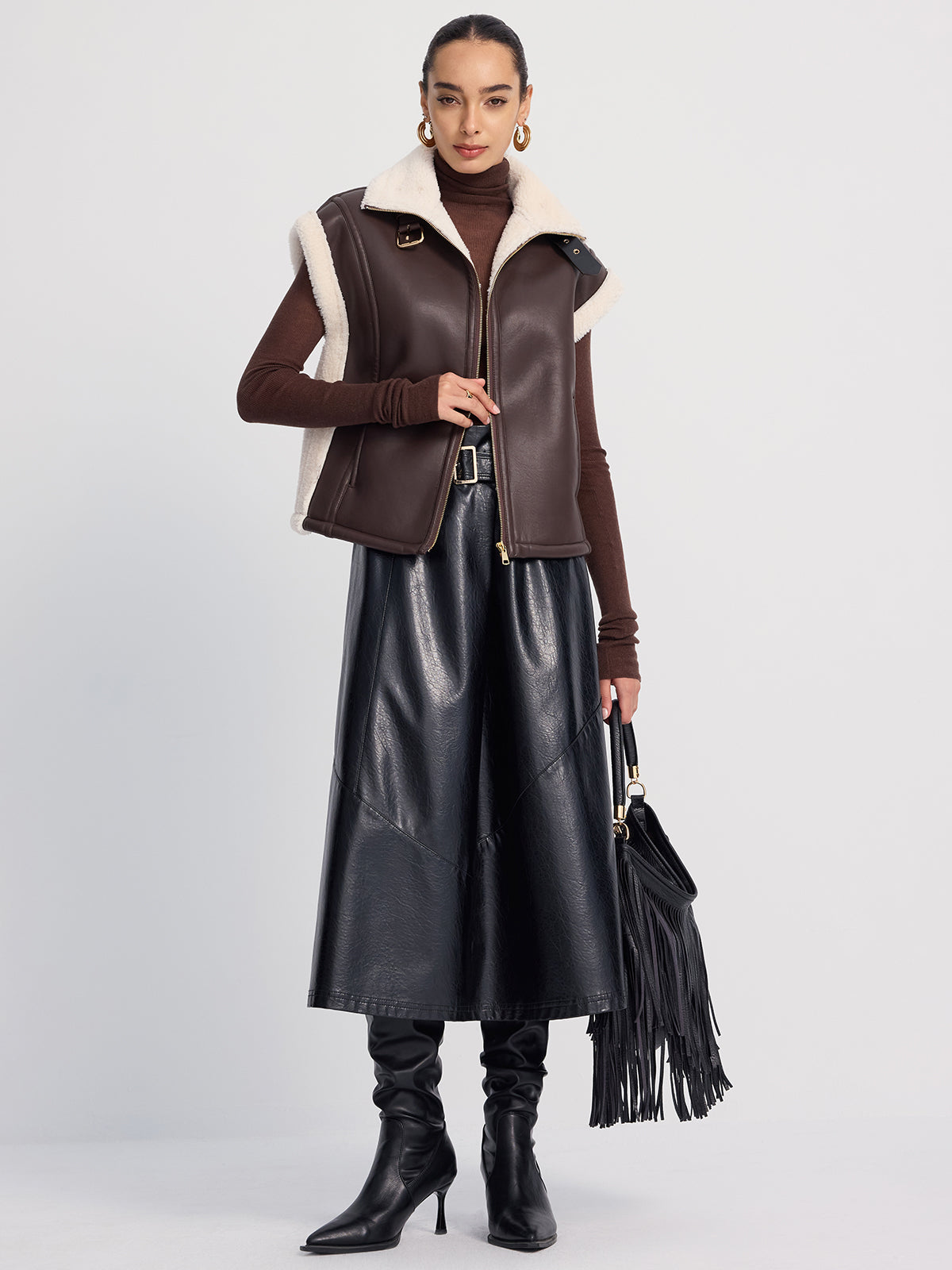 Shearling-Trimmed Faux Leather Sleeveless Vest
