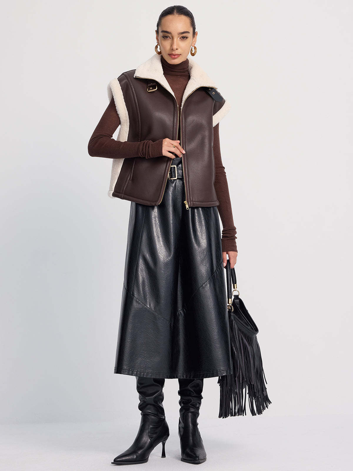 Shearling-Trimmed Faux Leather Sleeveless Vest