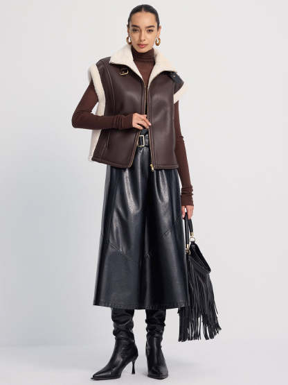 Shearling-Trimmed Faux Leather Sleeveless Vest