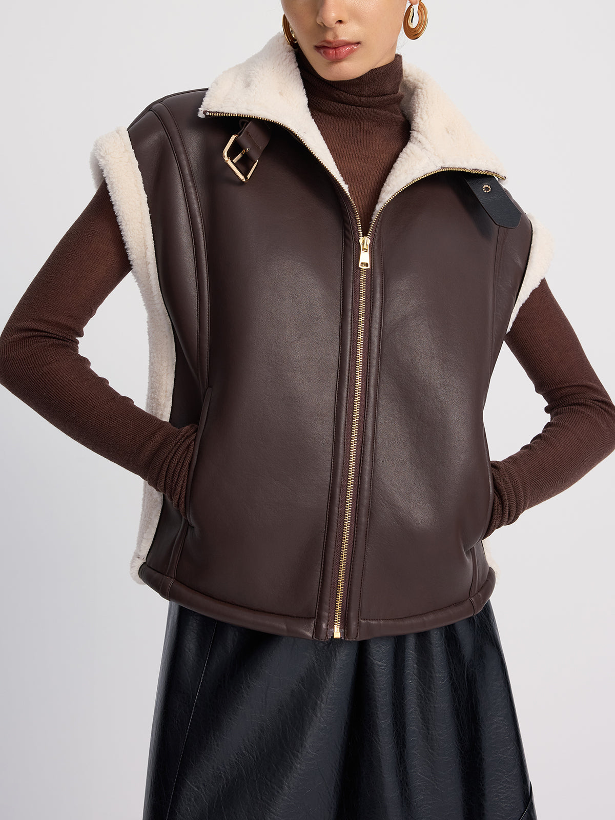 Shearling-Trimmed Faux Leather Sleeveless Vest