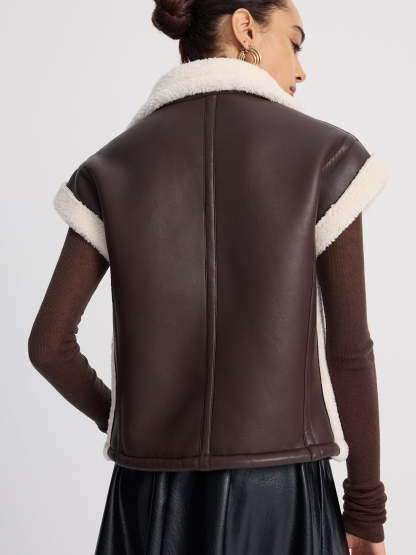 Shearling-Trimmed Faux Leather Sleeveless Vest