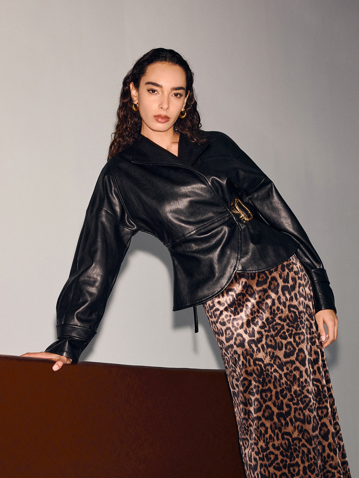 Buckle-Accented Cinched-Waist Faux Leather Jacket