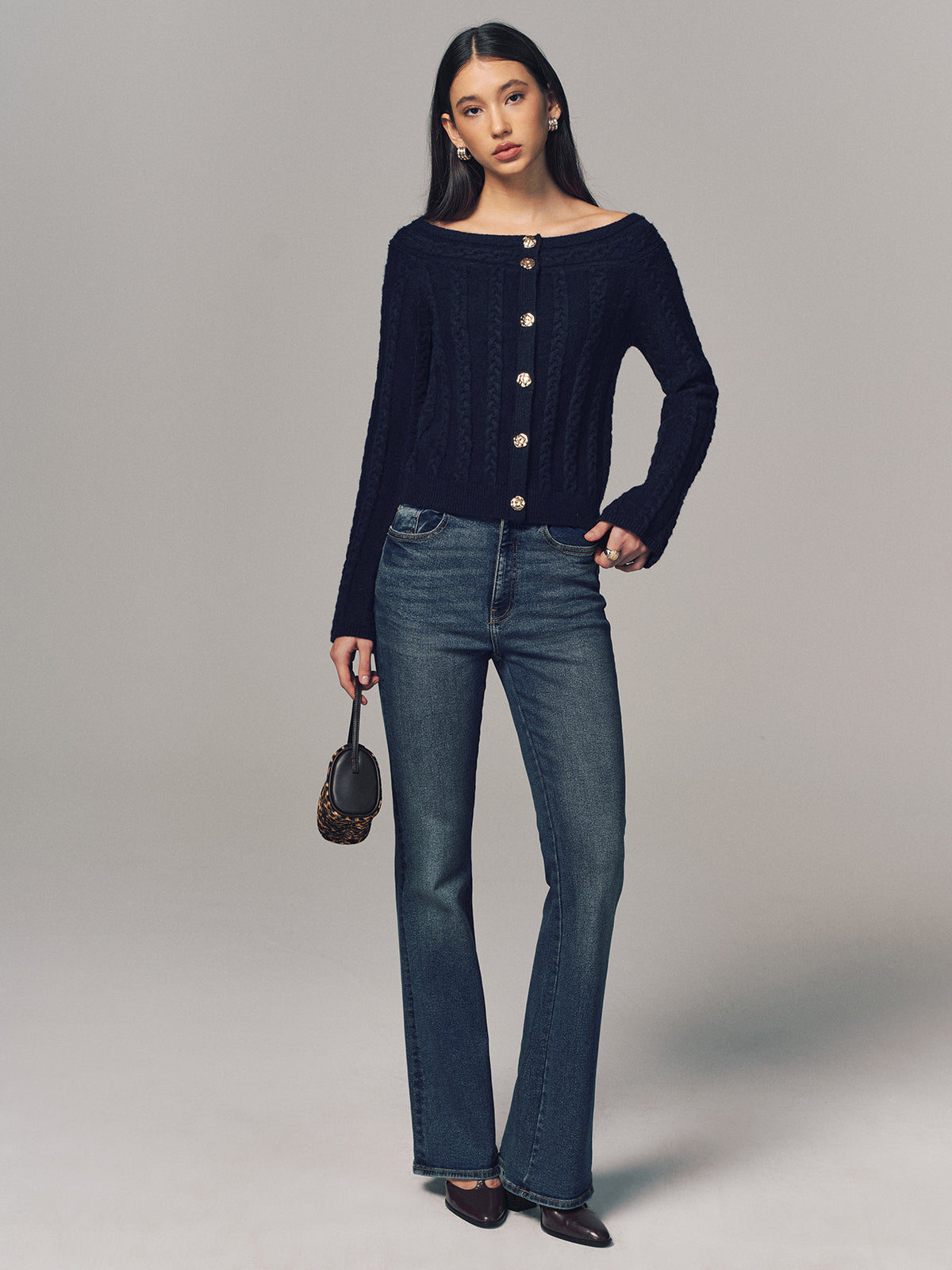 Multi-Way Cable Knit Boat Neck Metal Detail Knitted Top