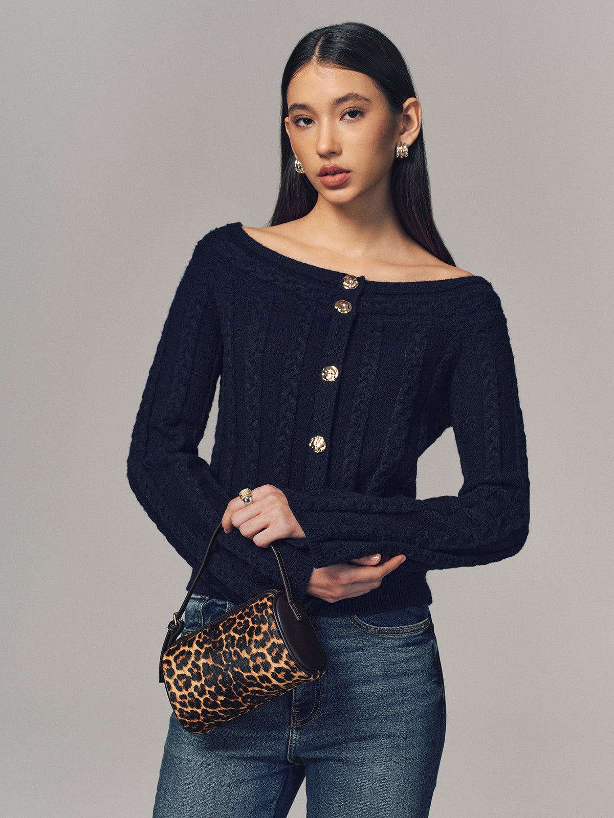 Multi-Way Cable Knit Boat Neck Metal Detail Knitted Top