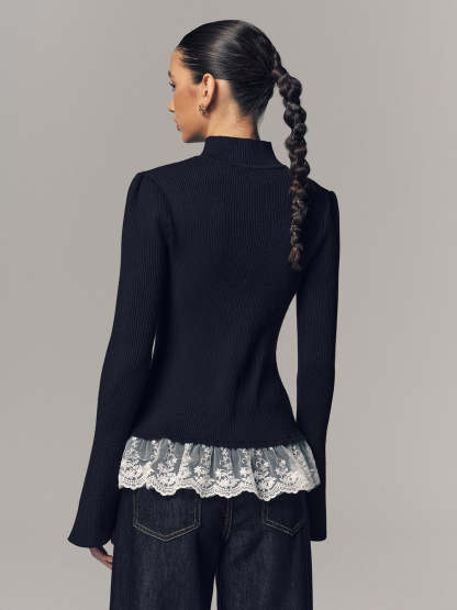 Ribbed Mock Neck Lace Trim Cardigan