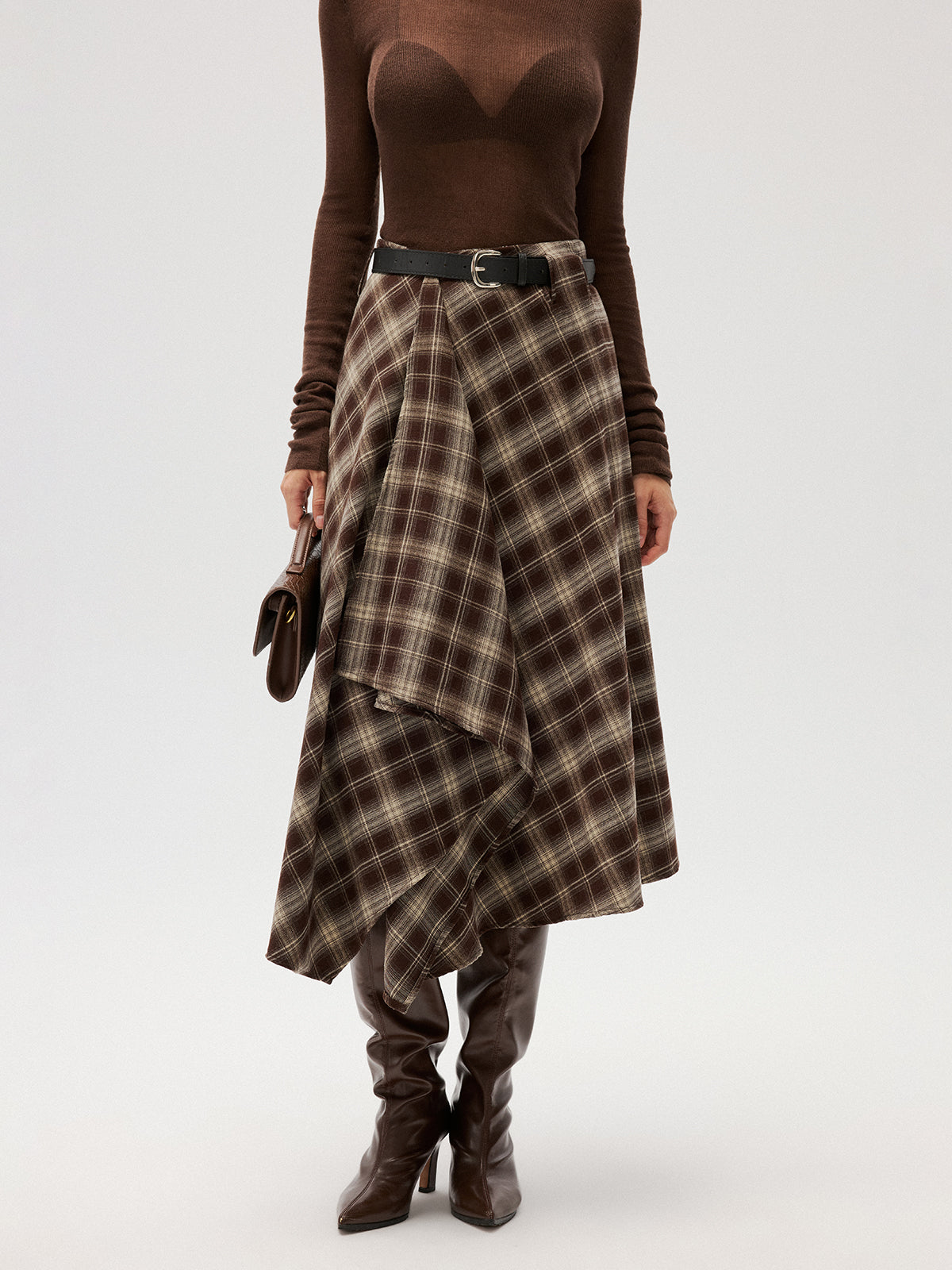 Cotton-Blend Plaid Asymmetric Maxi Skirt without Belt