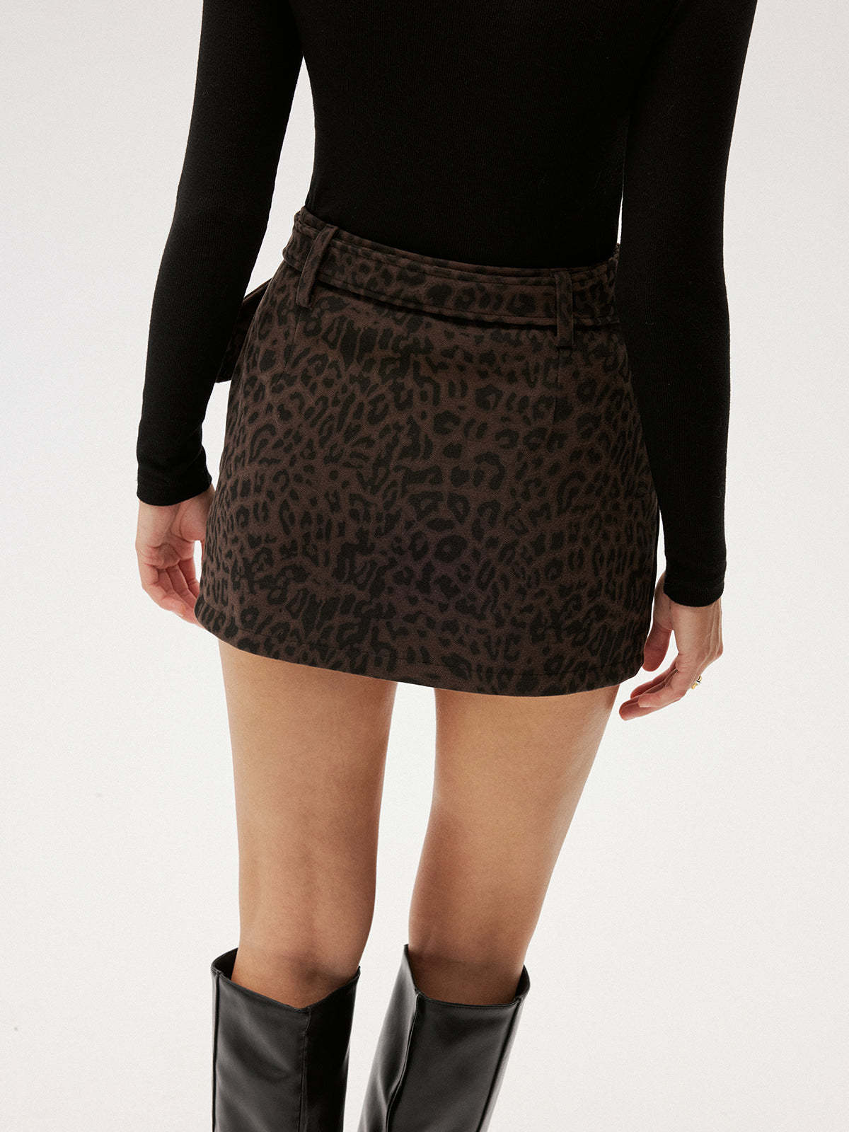 Belted Leopard-Print A-Line Mini Skirt