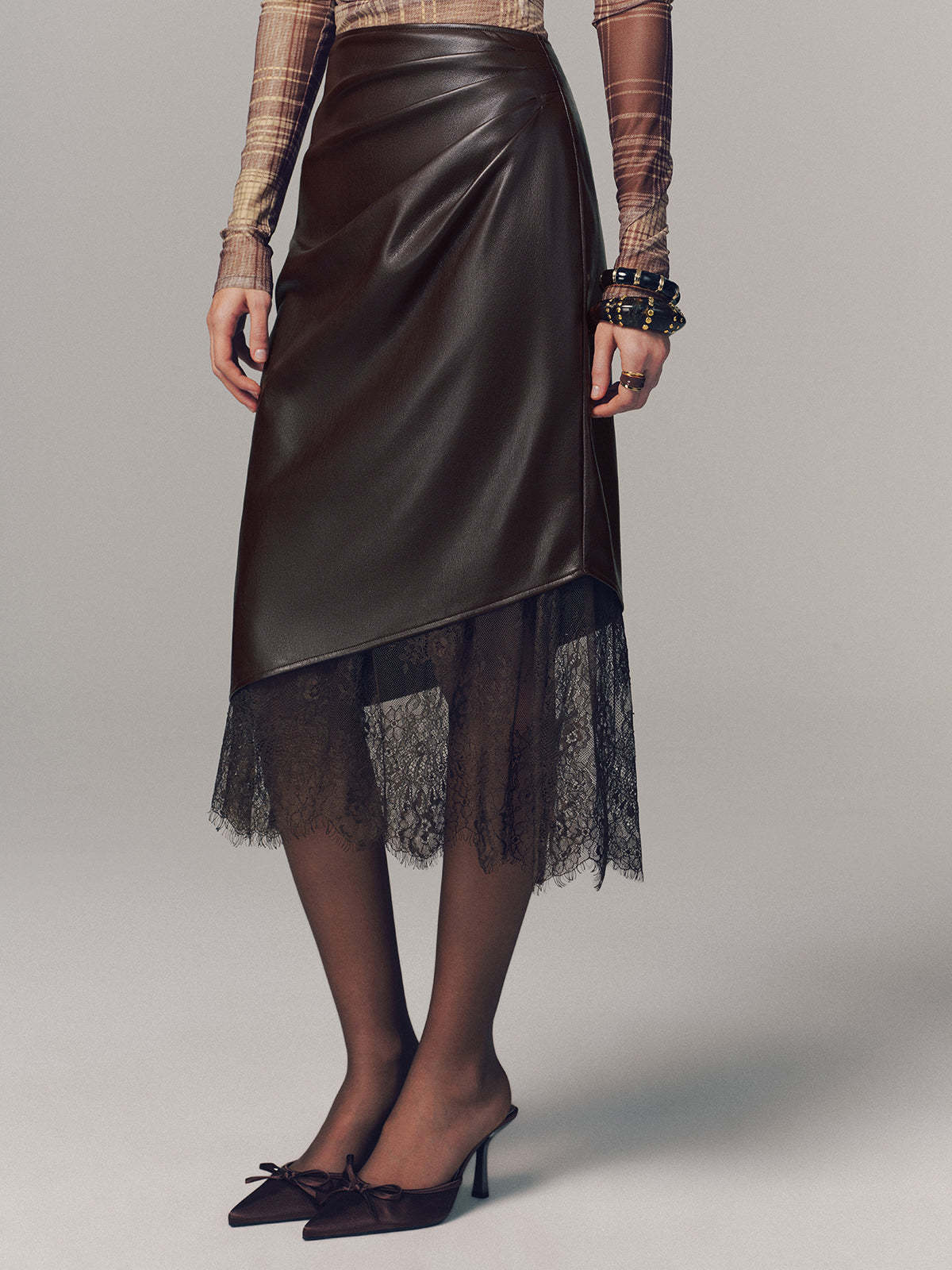 Lace Hem Faux Leather Ruched Midi Skirt