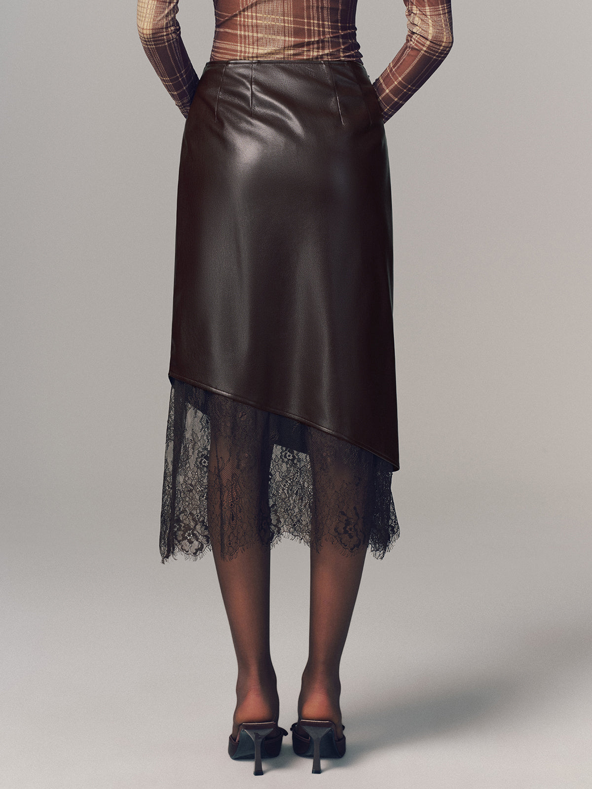 Lace Hem Faux Leather Ruched Midi Skirt