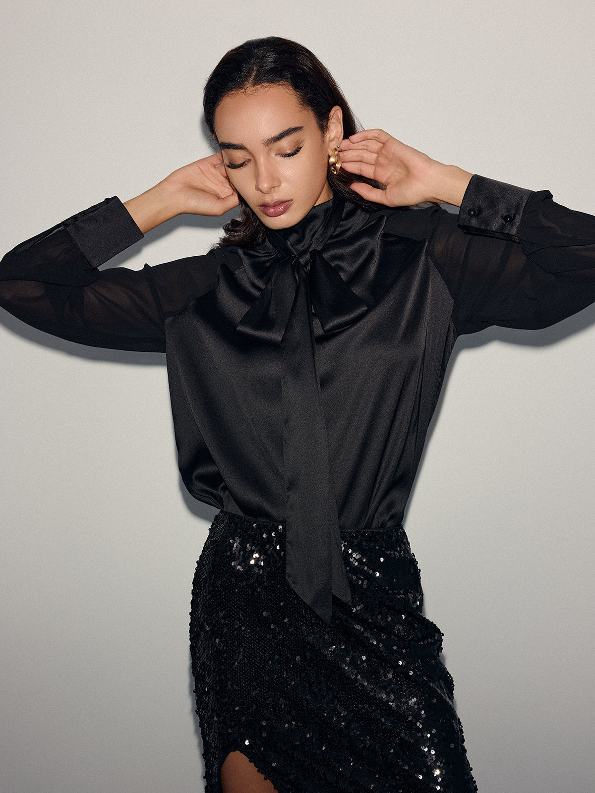 Satin Bow-Tie Sheer-Sleeve Blouse