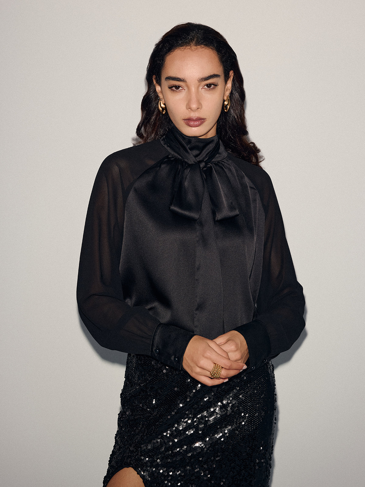 Satin Bow-Tie Sheer-Sleeve Blouse