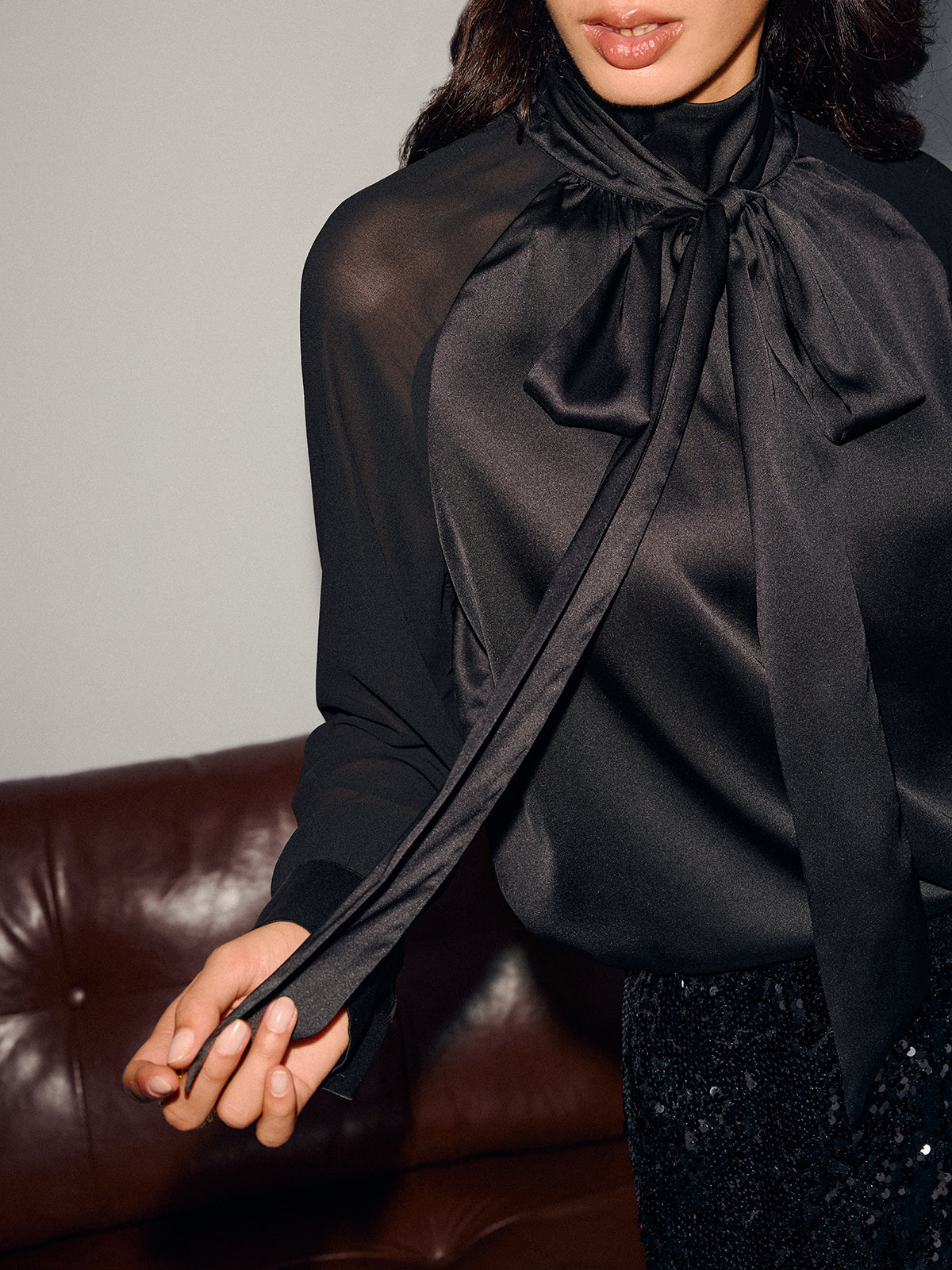Satin Bow-Tie Sheer-Sleeve Blouse