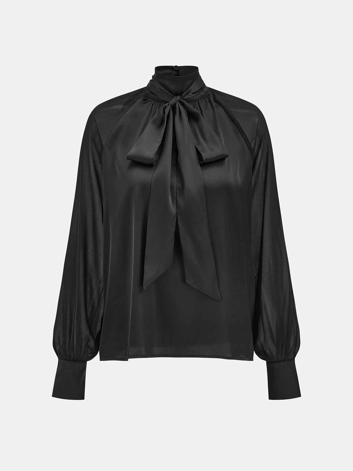 Satin Bow-Tie Sheer-Sleeve Blouse