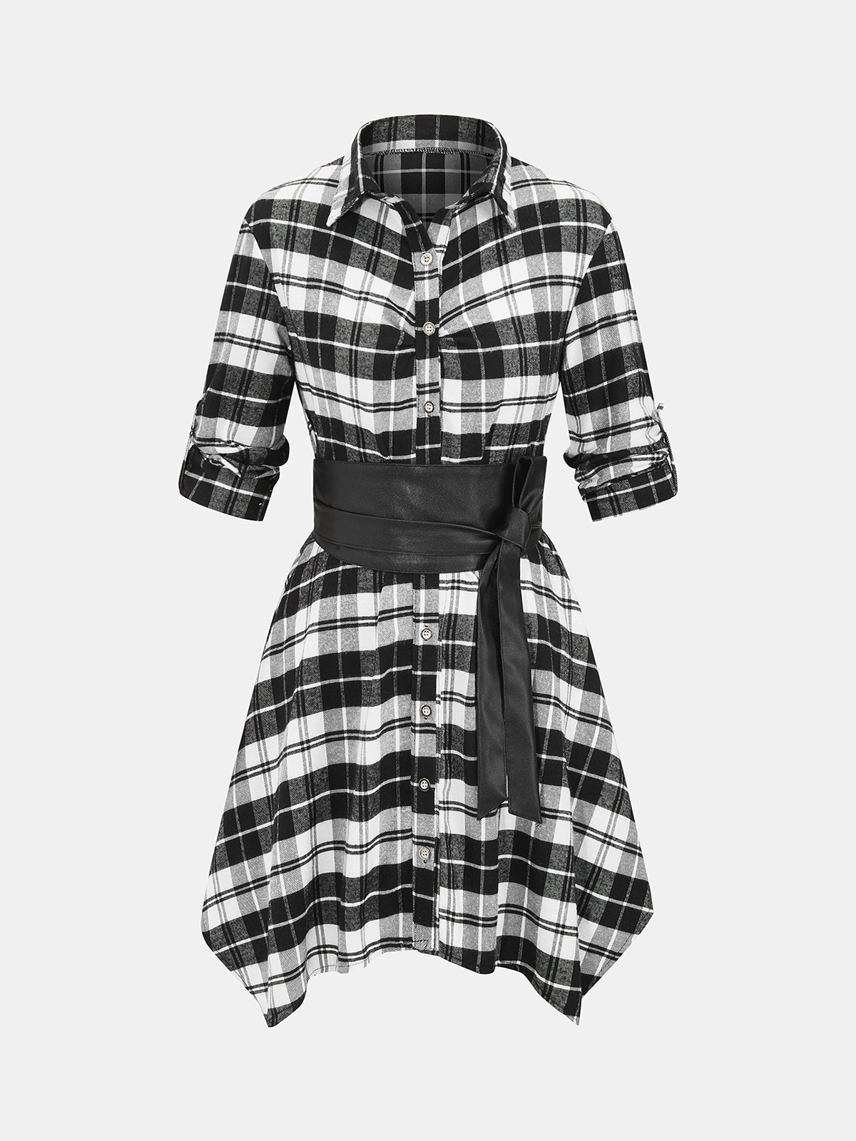 Adjustable Sleeve Waist-Cincher Plaid Shirt Dress