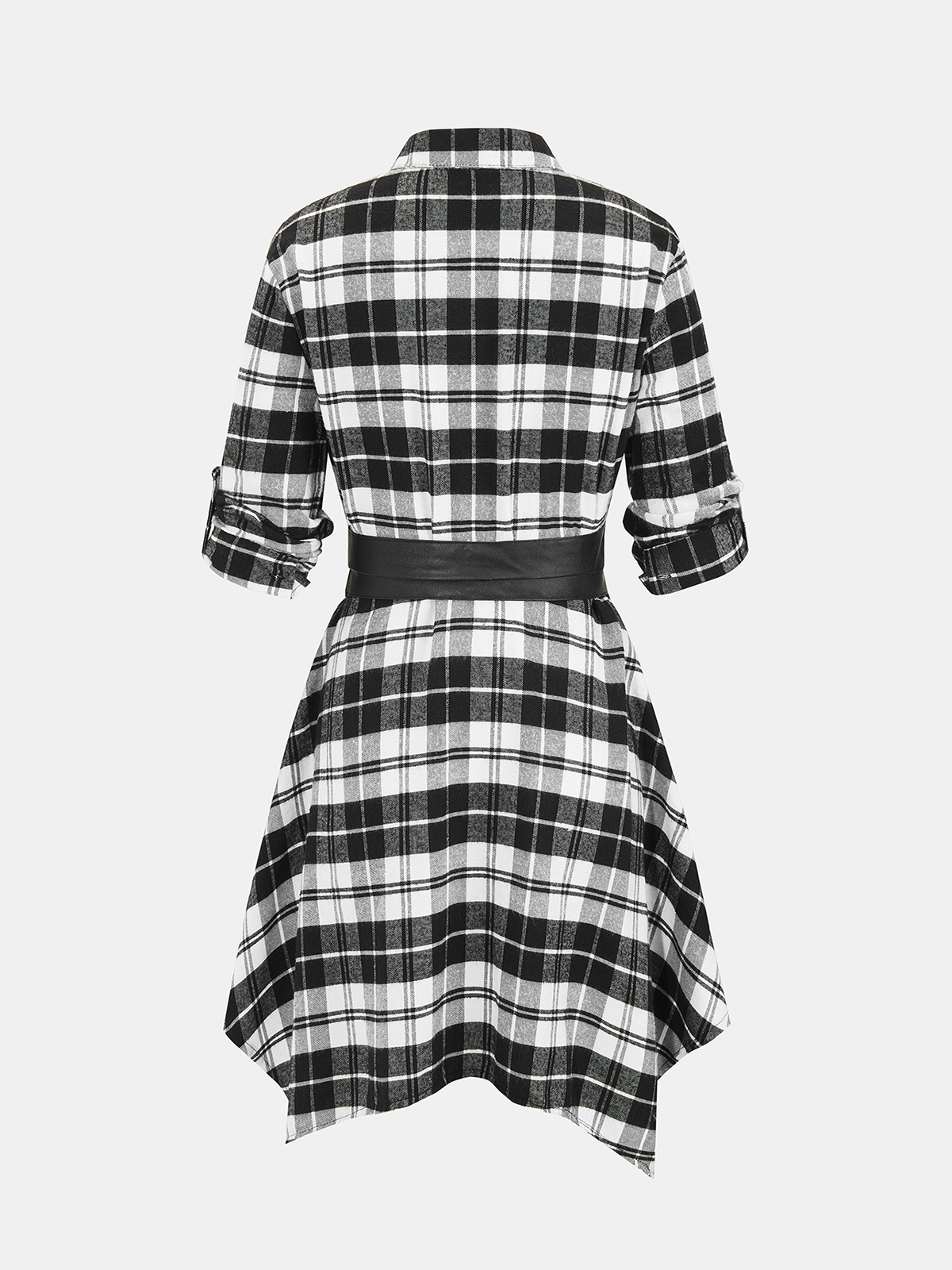 Adjustable Sleeve Waist-Cincher Plaid Shirt Dress
