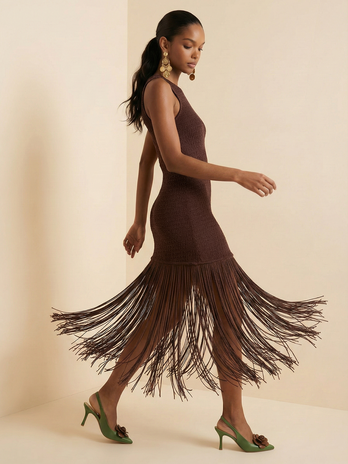 Sleeveless Fringe Hem Backless Midi Dress