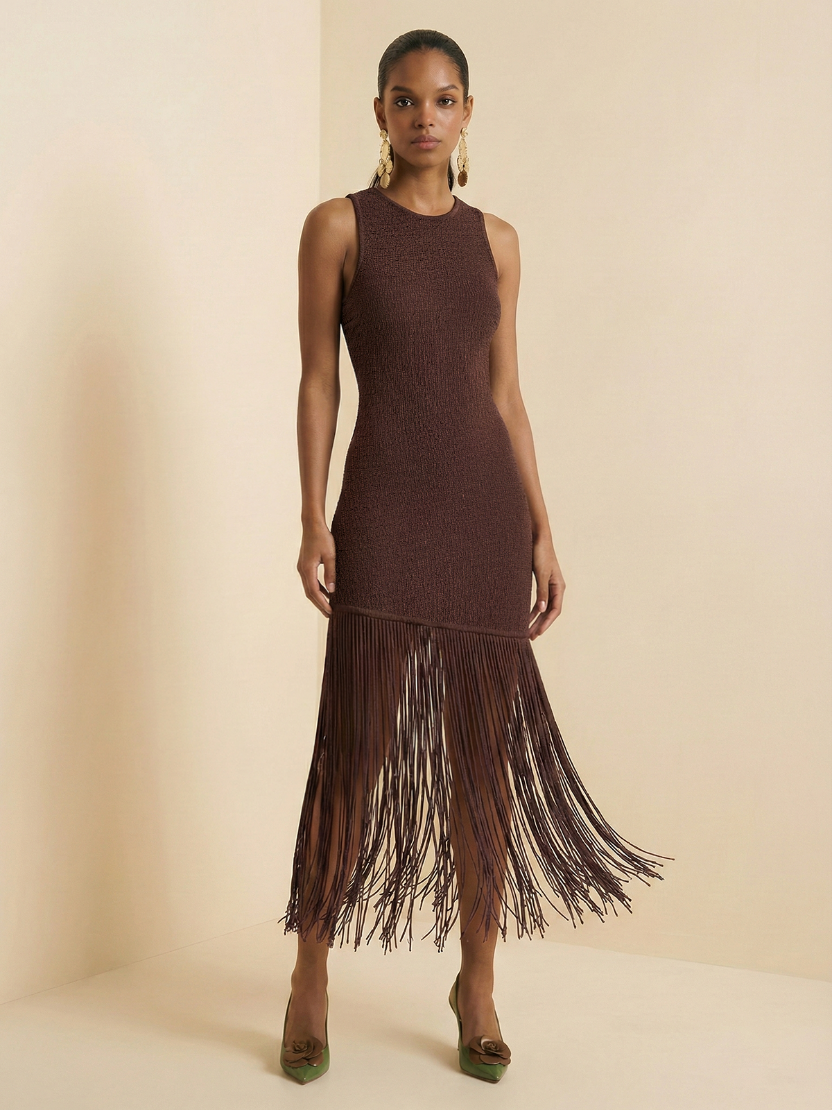 Sleeveless Fringe Hem Backless Midi Dress