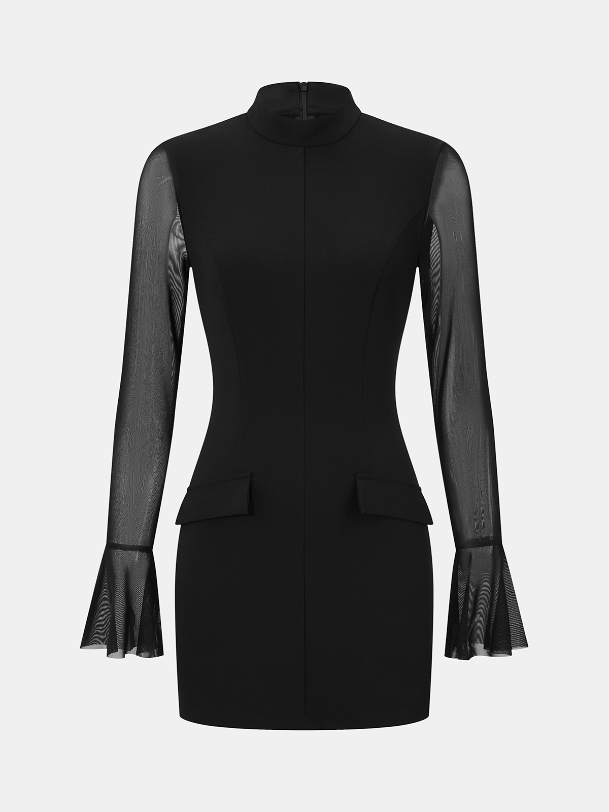 Sheer-Sleeve Flared-Cuff Mini Dress