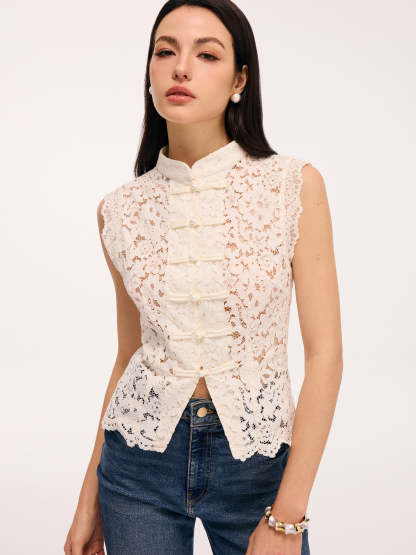 Lace Mandarin Collar Pearl Button Sleeveless Top