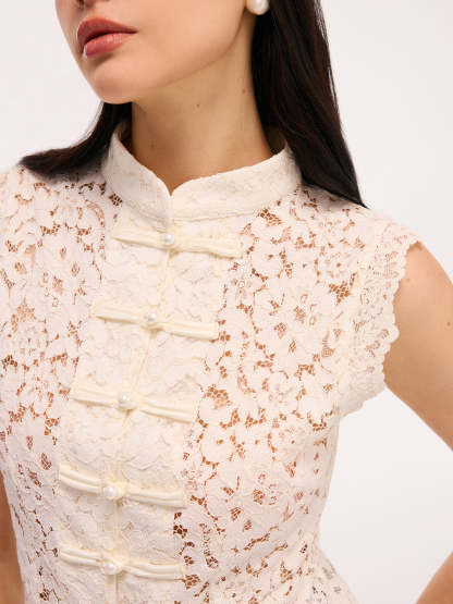 Lace Mandarin Collar Pearl Button Sleeveless Top