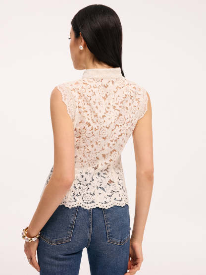 Lace Mandarin Collar Pearl Button Sleeveless Top