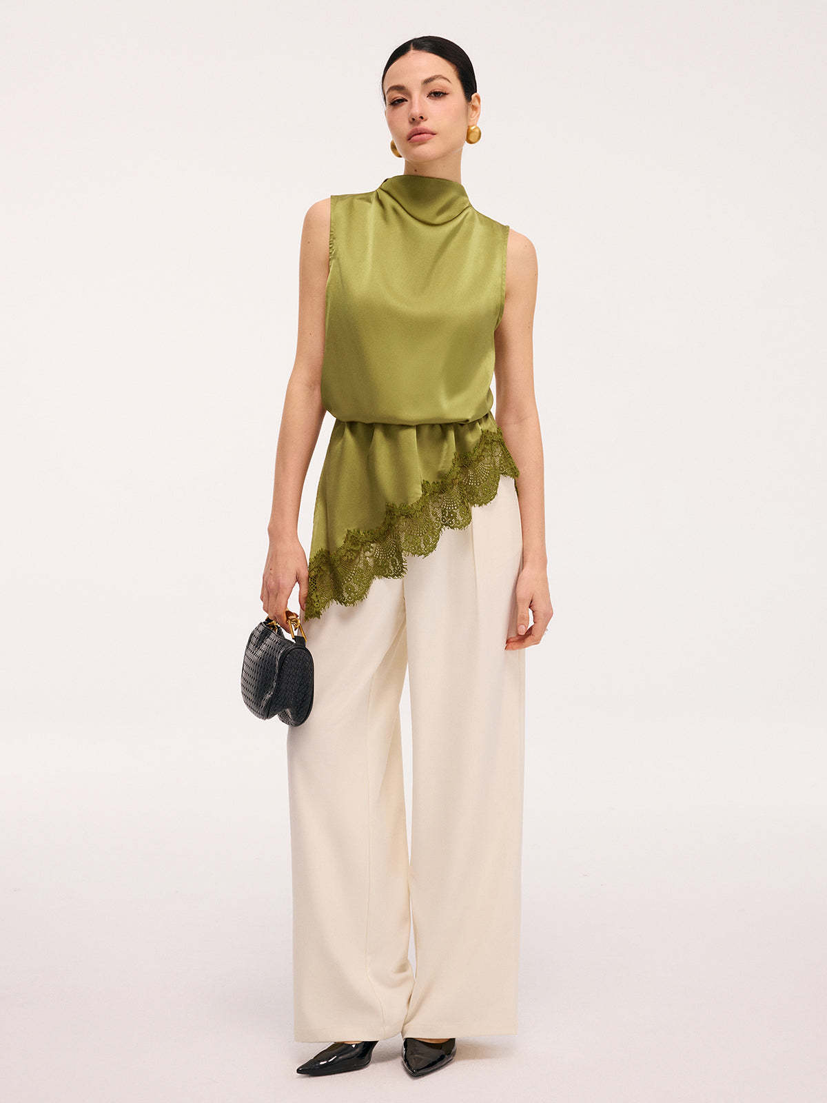 Lace Trim Satin Sleeveless Blouse