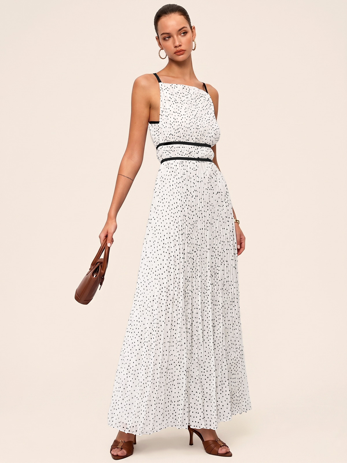 Polka Dot Pleated Cami Maxi Dress