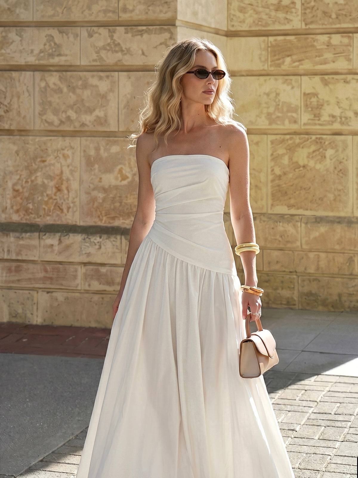 Strapless Ruched Flowy Maxi Dress