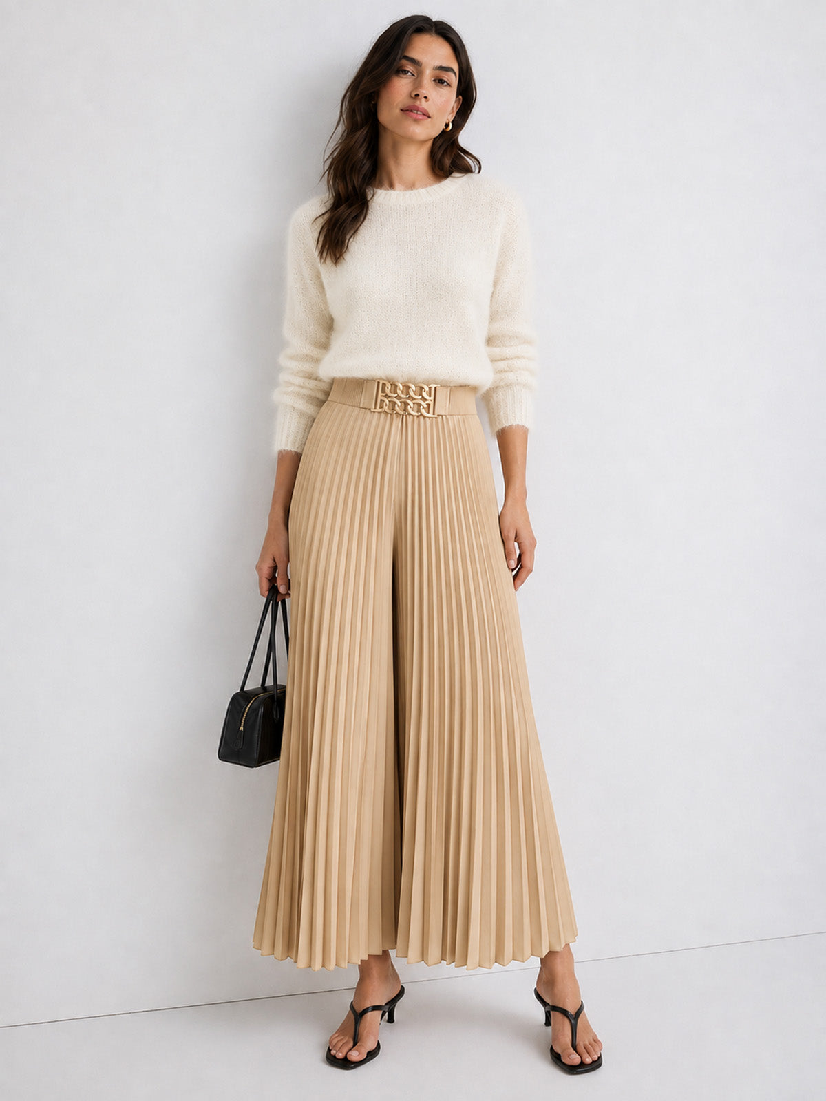 Metal Chain Buckle Pleated Wide Leg Pants