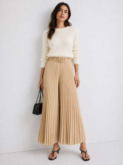 Metal Chain Buckle Pleated Wide Leg Pants