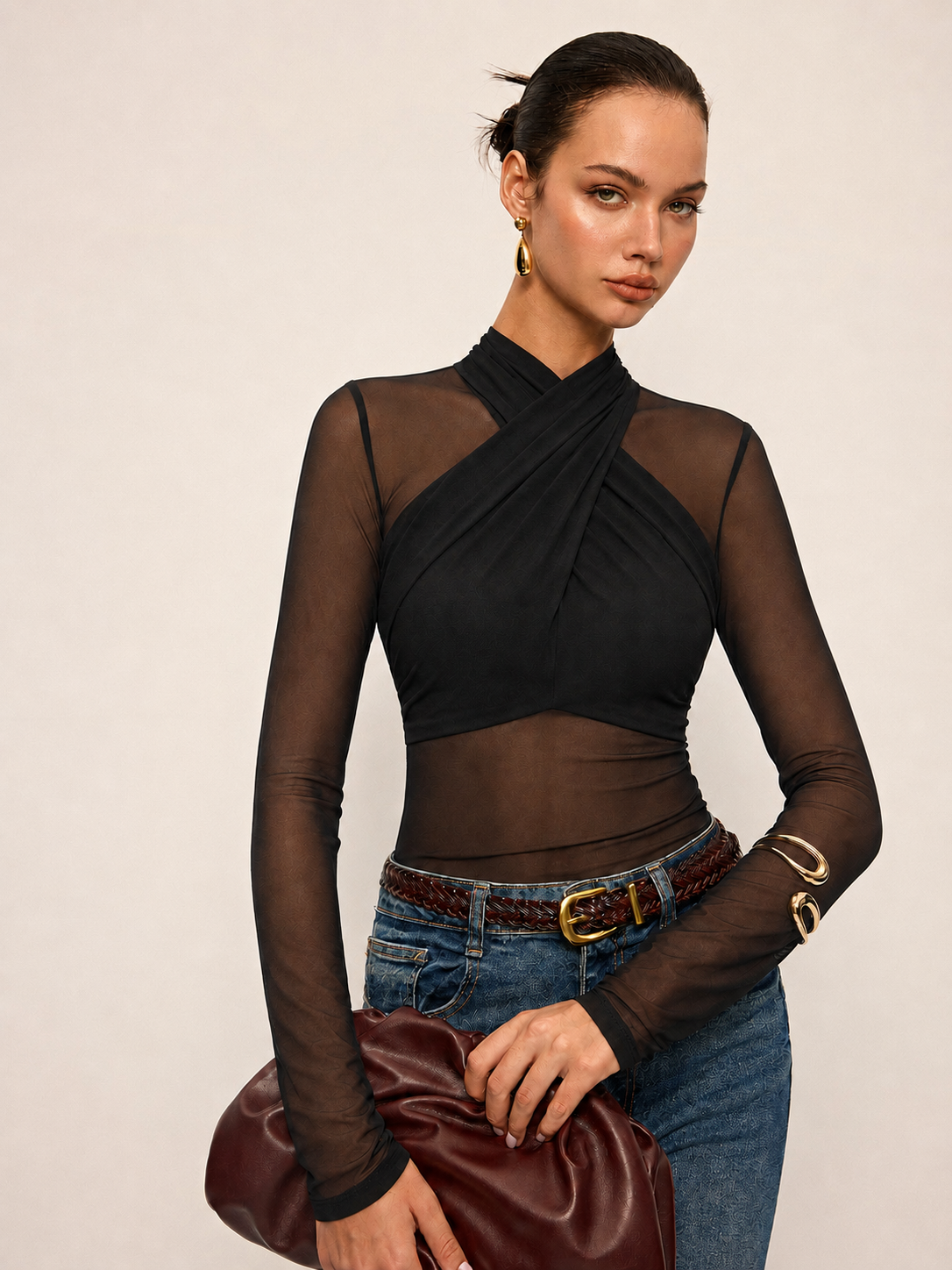 Cross‑Front Mesh Long Sleeve Top