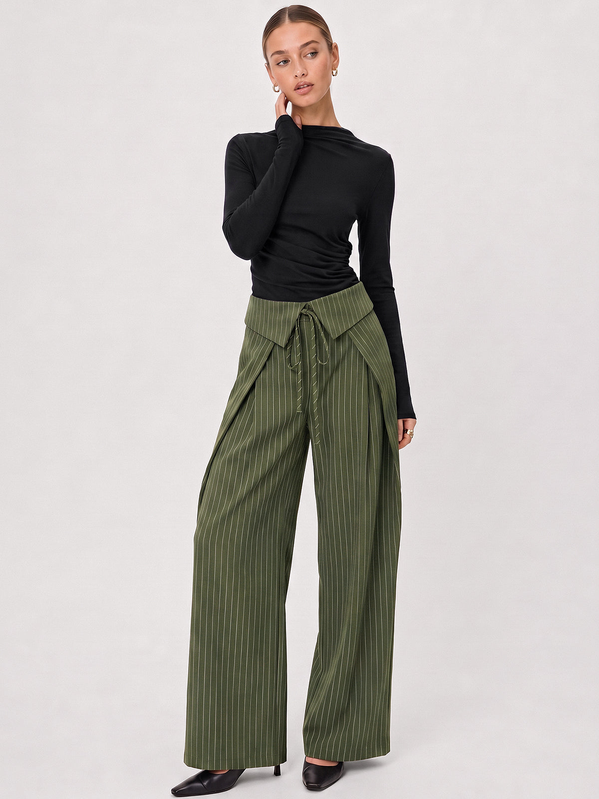 Fold‑Over Striped Wide Leg Pants