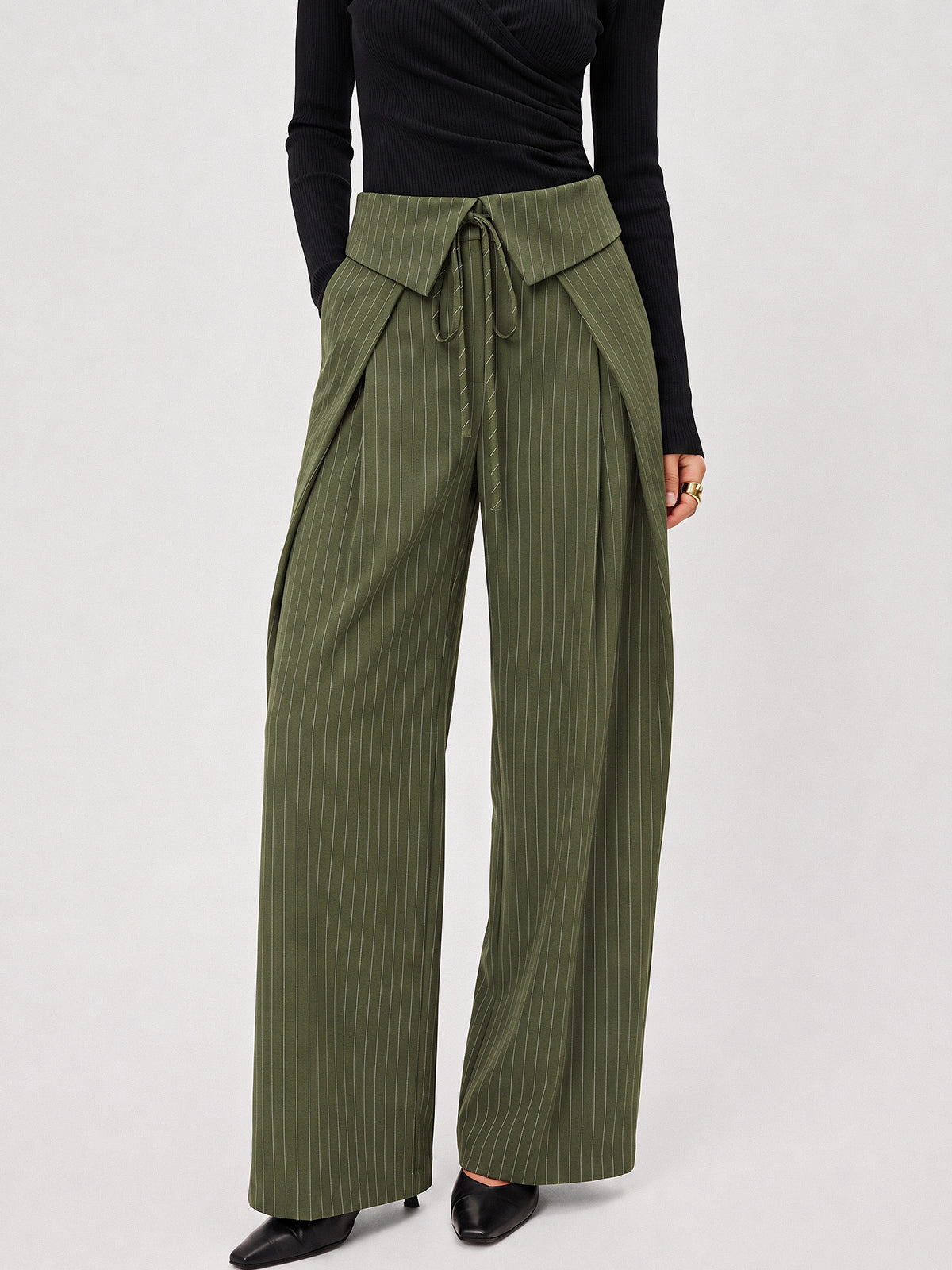 Fold‑Over Striped Wide Leg Pants