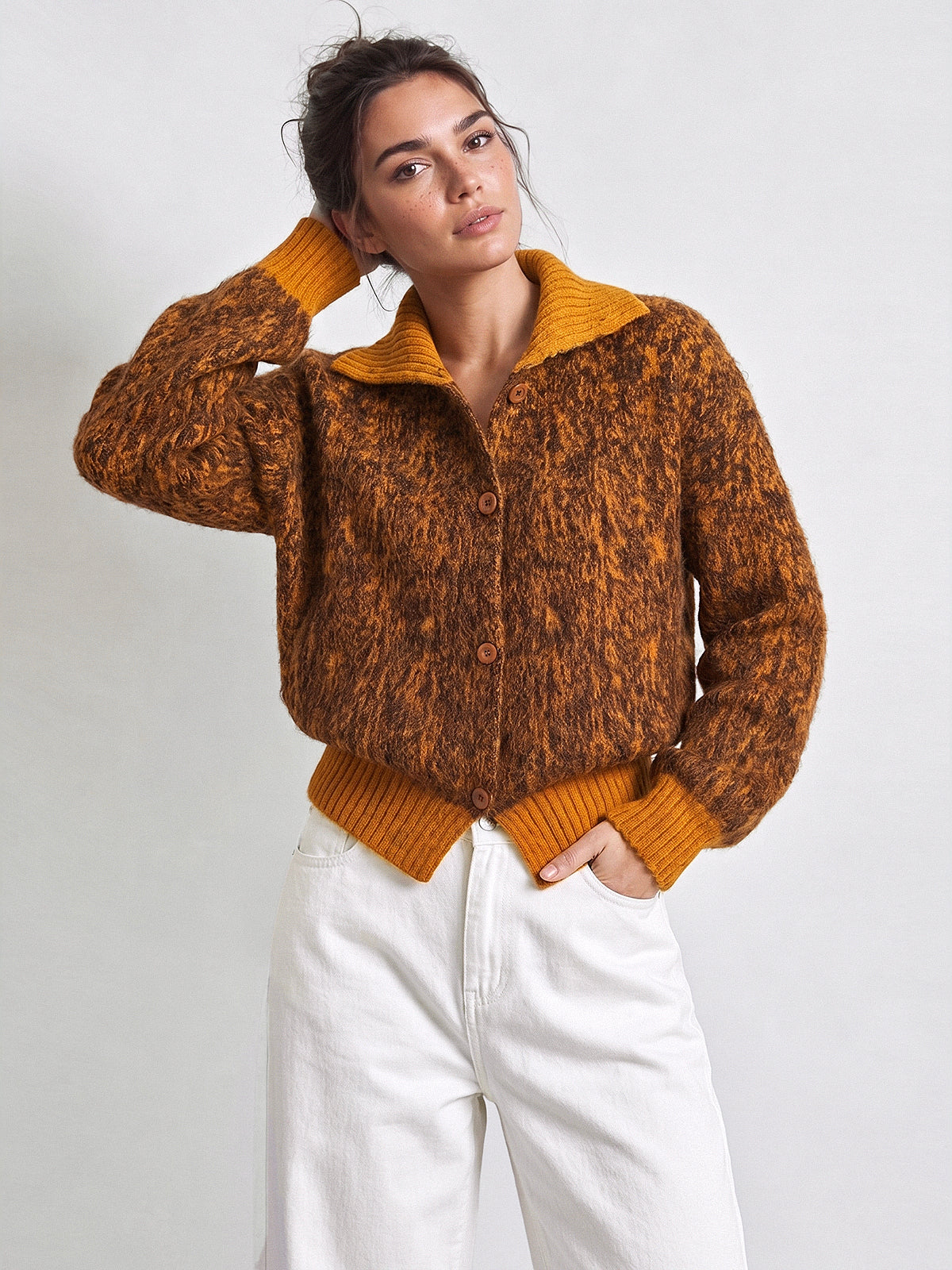 Marled Knit Collared Button‑Front Cardigan
