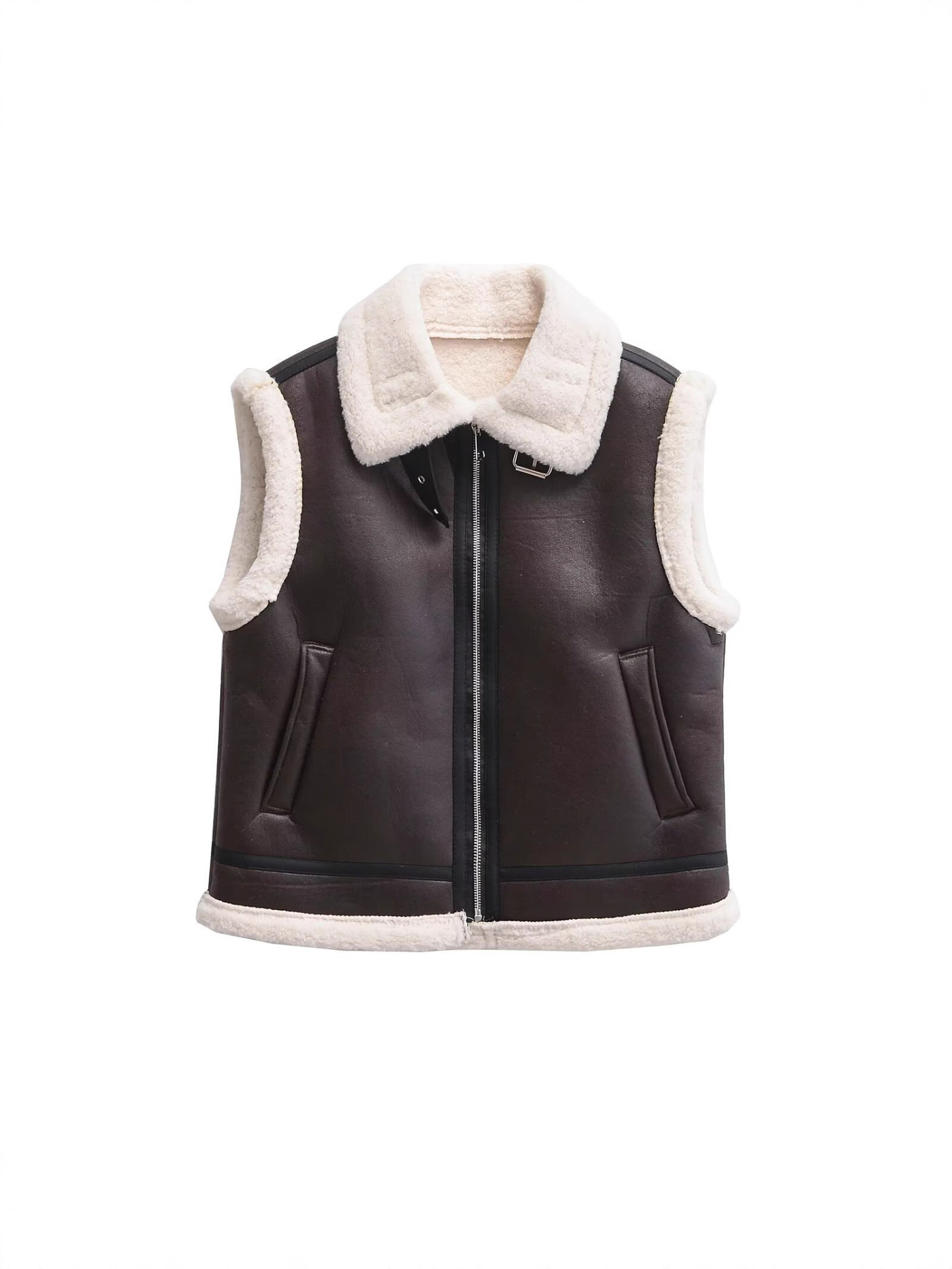 Shearling-Trimmed Faux Leather Sleeveless Vest