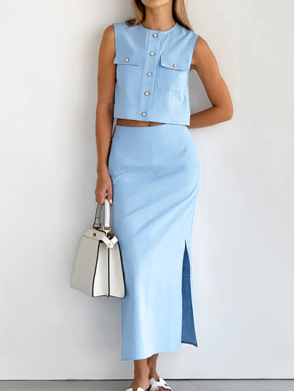 Split Pockets Sleeveless Skirt Set