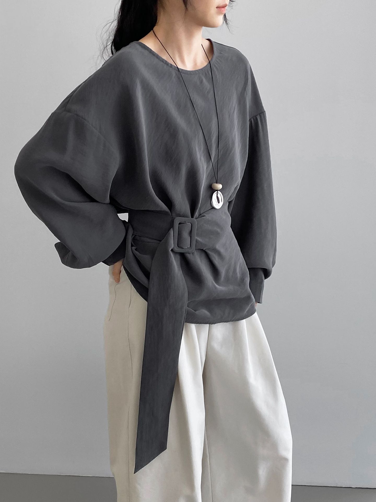 Boat Neck Peplum Sweatshirt with Wide Belt