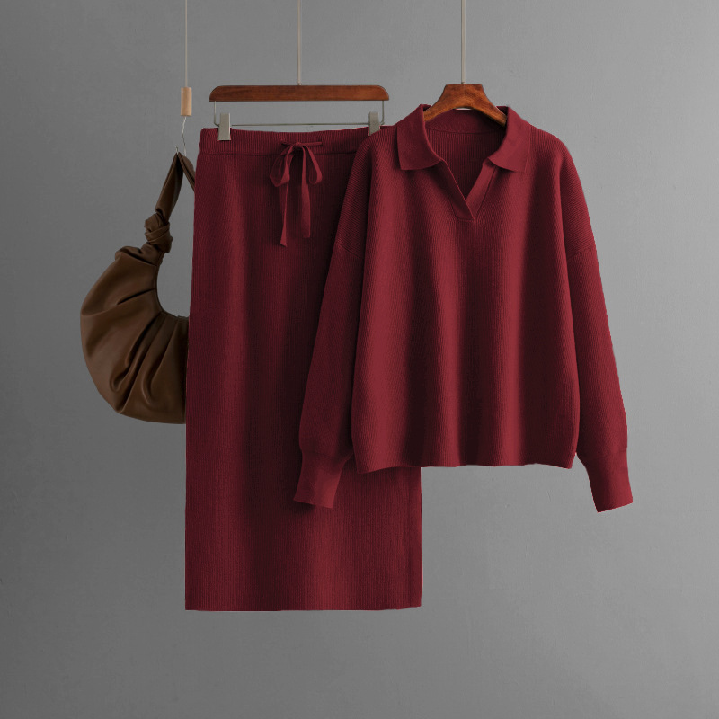 Polo-Neck Knit Top & Tie-Waist Midi Skirt Set