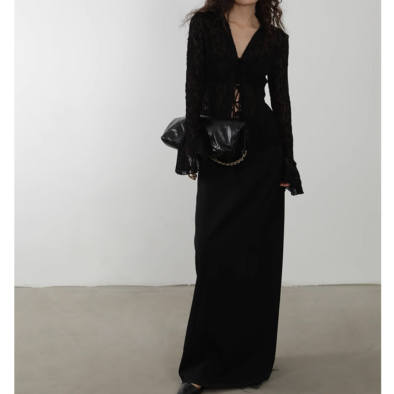 Chiffon Sheer Lettuce Trim Long Sleeve Shirt