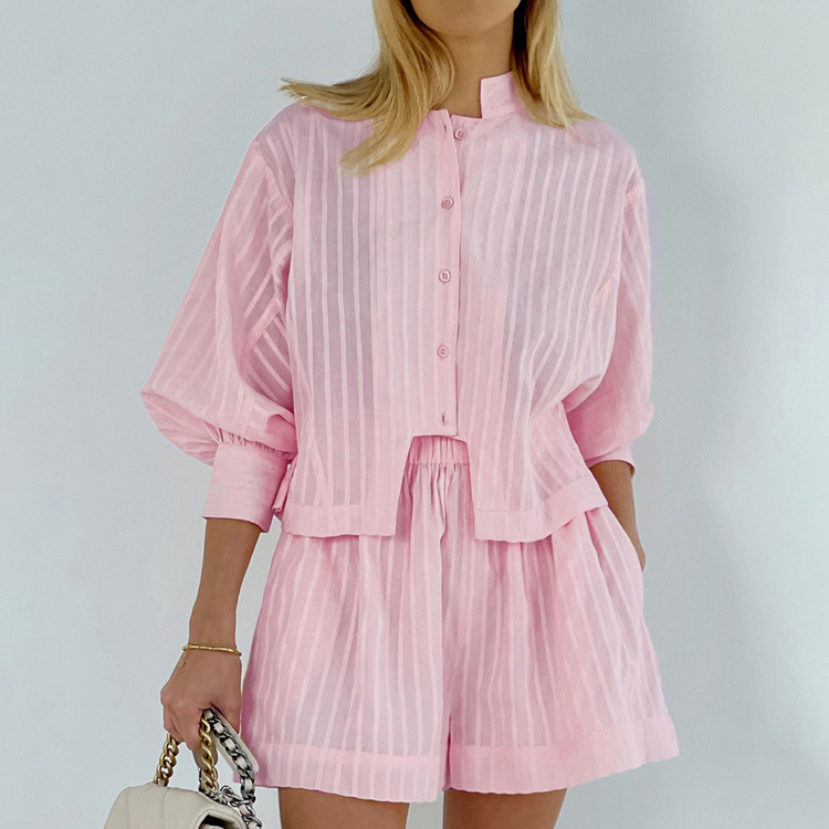 Pure Cotton Pinstripe Long-Sleeve Shorts Set