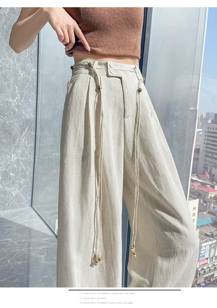Belted Linen Wide Leg Pants