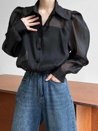 Puff Sleeve Long Sleeve Shirt Grey